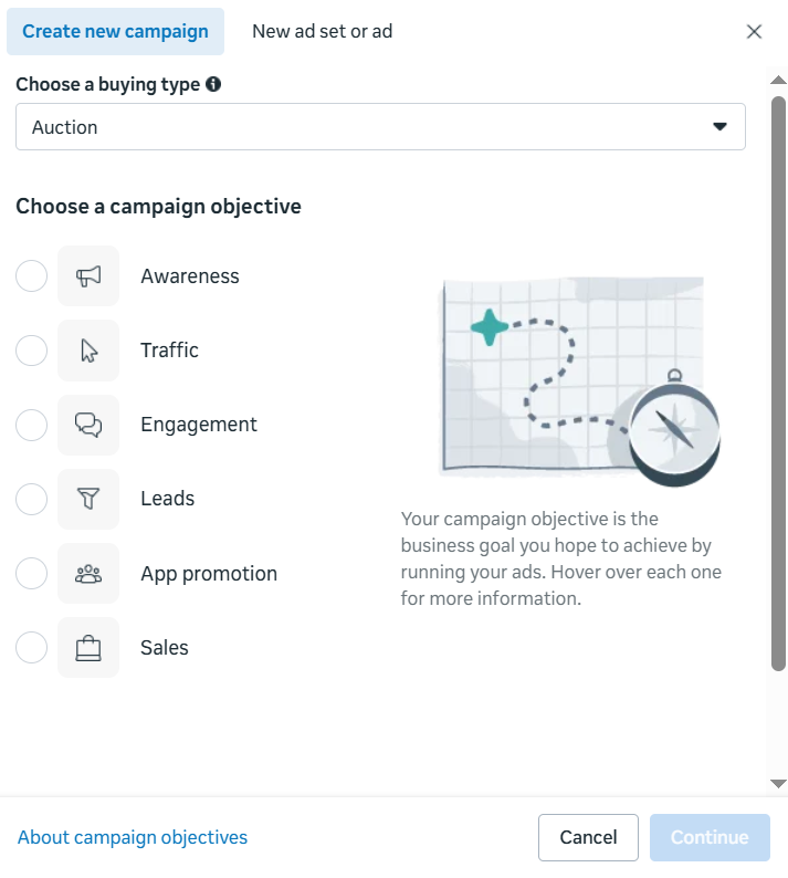 Facebook Ads Manager campaign creation screen showing campaign objective options, including Traffic, Conversions, and Leads