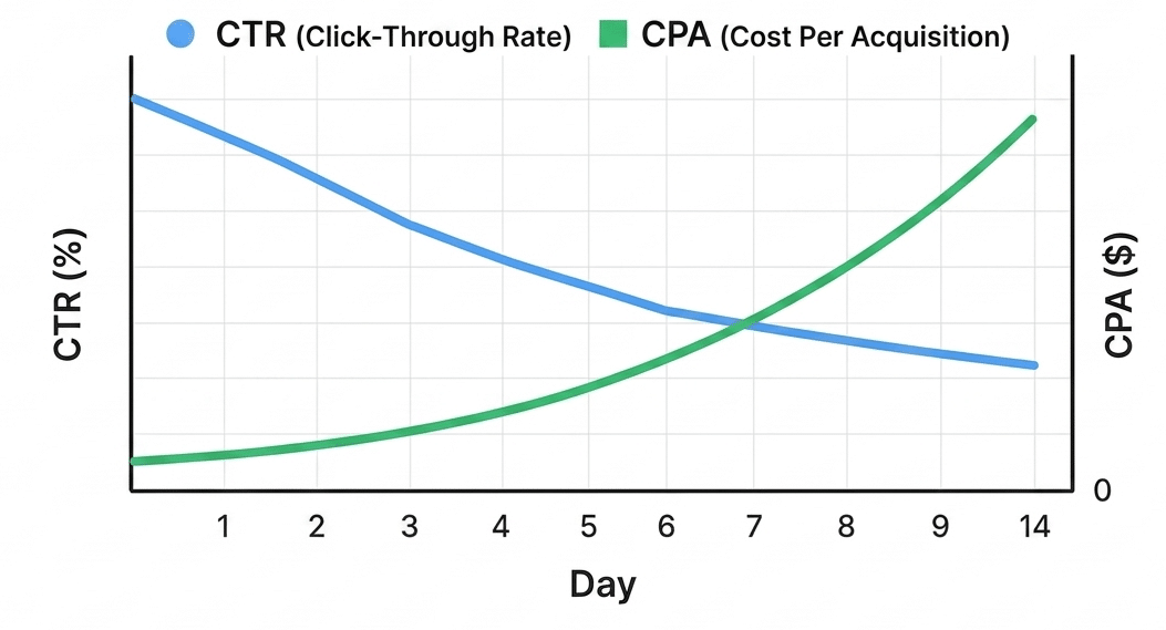 graph showing CTR decay curve over time alongside CPA increase for a typical fatiguing creative