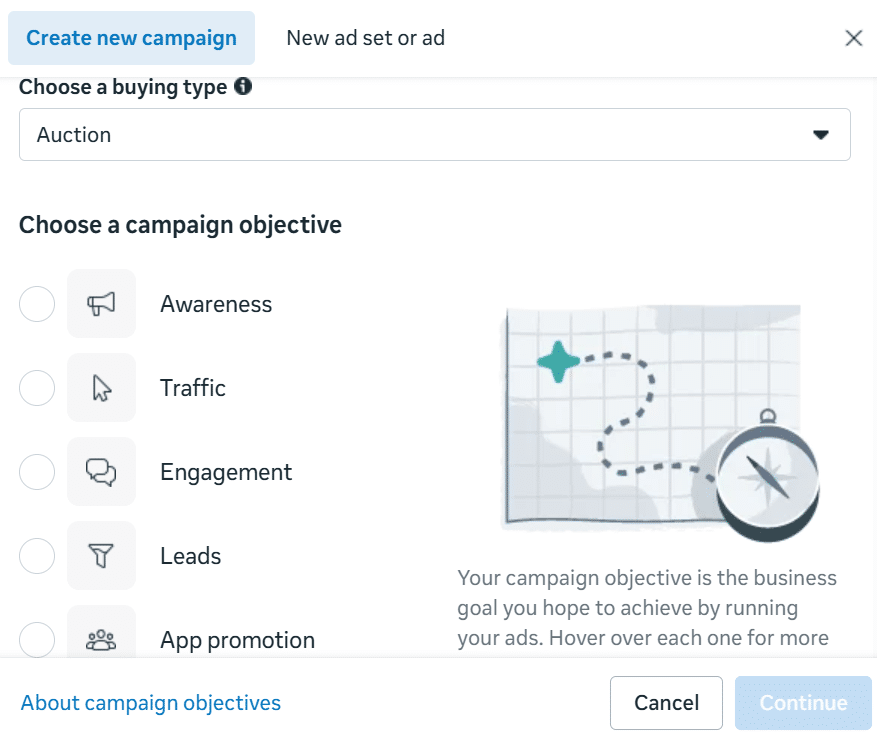 Facebook ad campaign structure - choosing a campaign objective in Meta Ads Manager