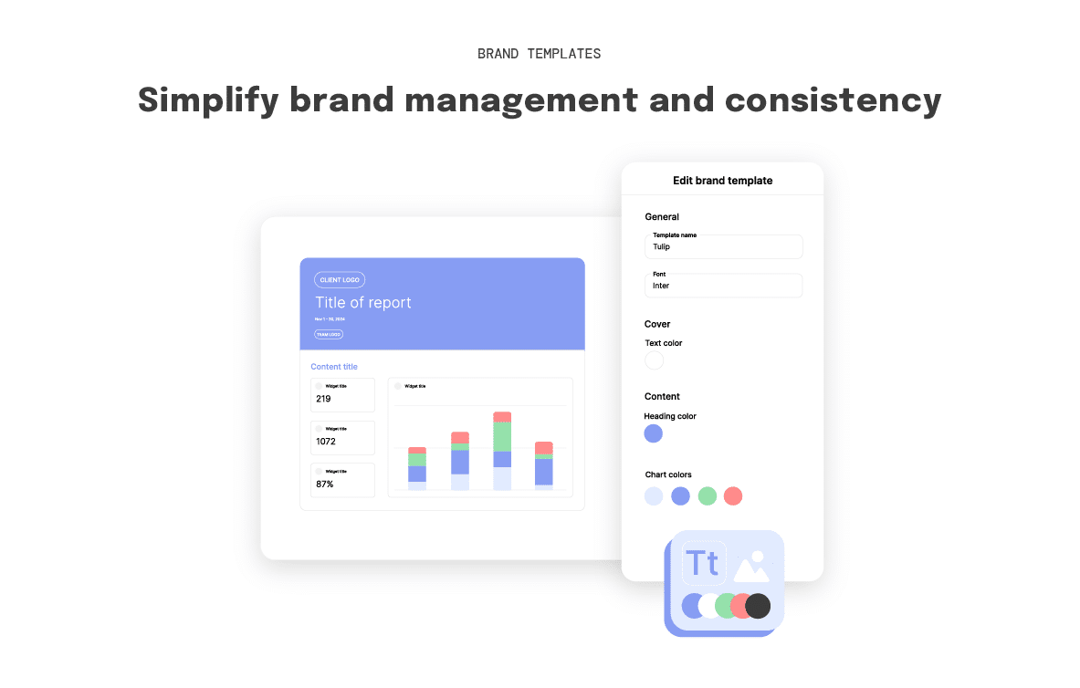 Swydo brand template editor featuring a white-label report customization — a platform built for agencies managing Google Ads reporting