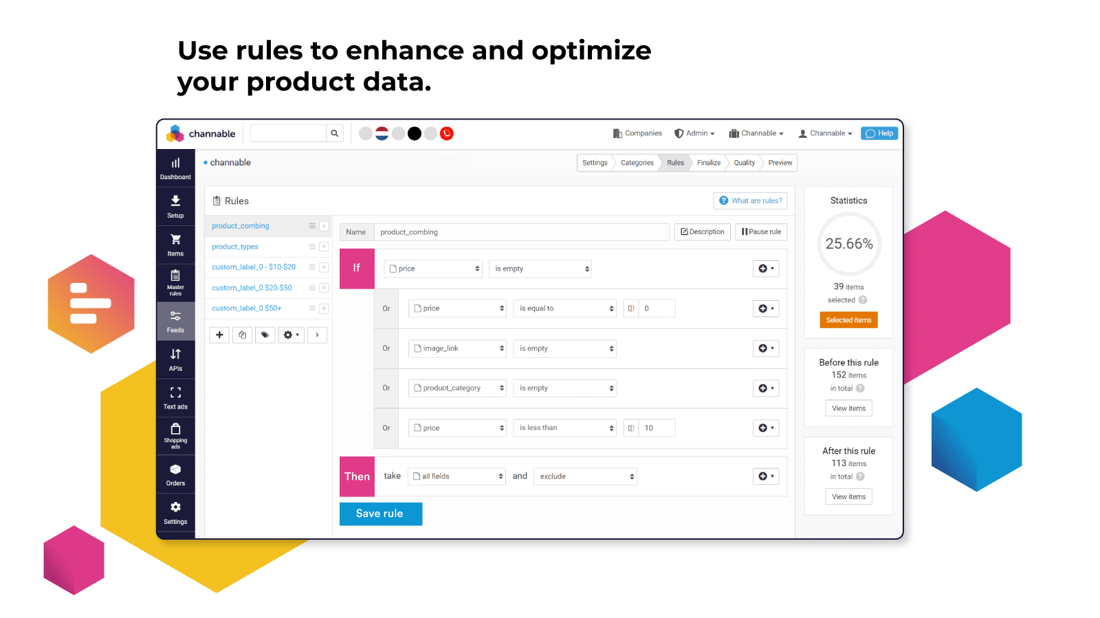 Channable rules editor showing product data transformation rules for Google Shopping feed optimisation — a feed management tool built for e-commerce brands