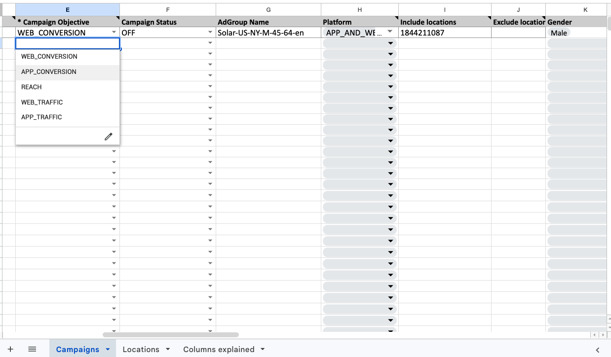 The downloaded Excel template showing dropdown columns and the Locations and Columns explained helper sheets
