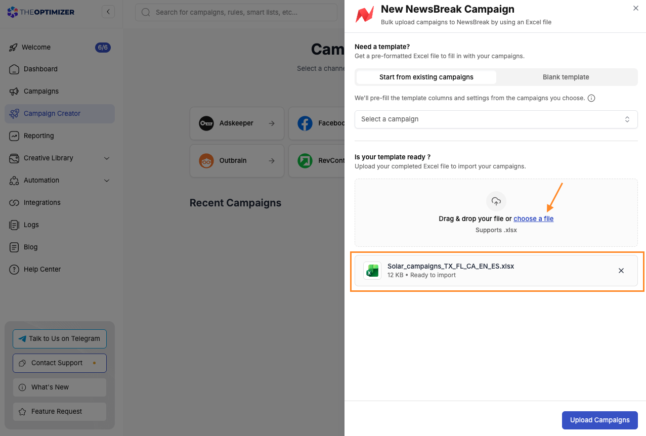 Uploading the generated file back into TheOptimizer's NewsBreak Campaign Creator