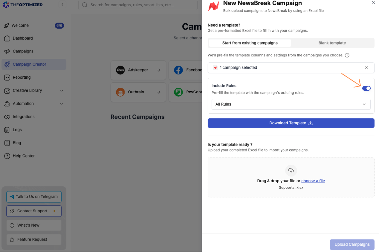 Template generation dialog showing start from existing campaign and the Include rules toggle
