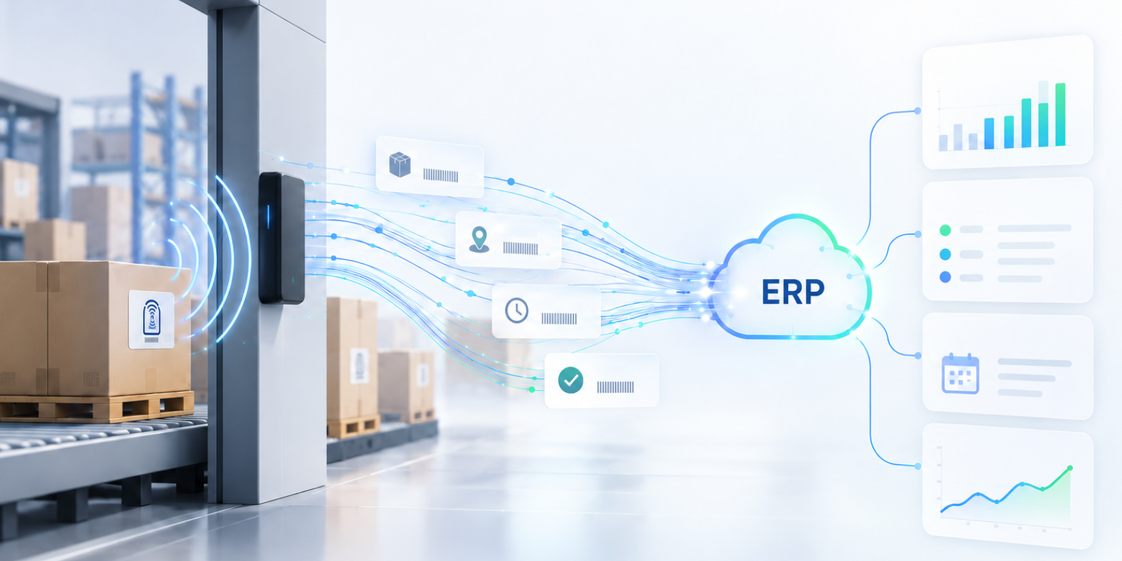 RFID reads feed the ERP directly, so the system of record reflects the floor as it is rather than as it was at the last manual count.