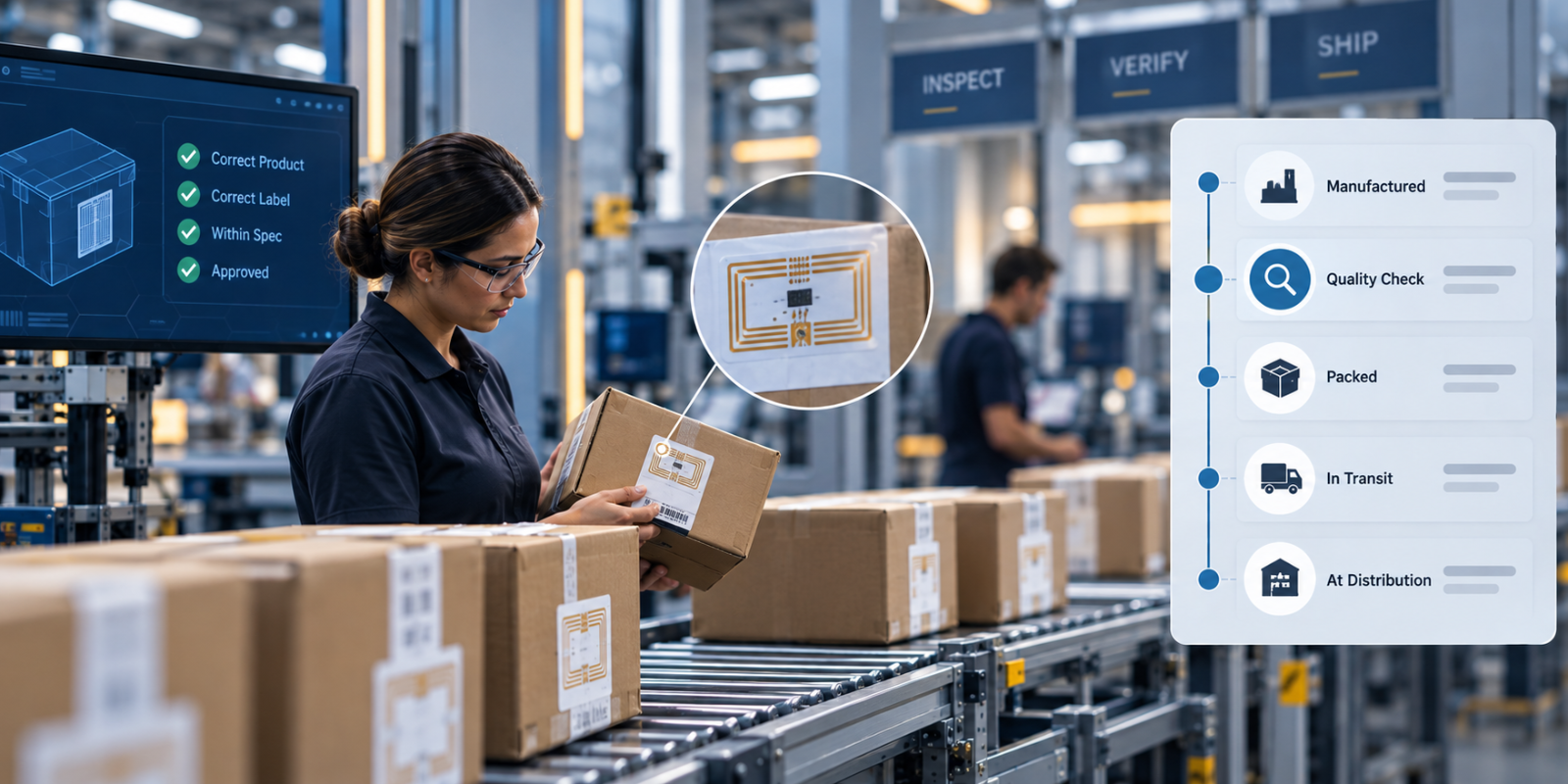 Inbound material at receiving, where verification against the purchase order decides what the rest of the chain inherits.