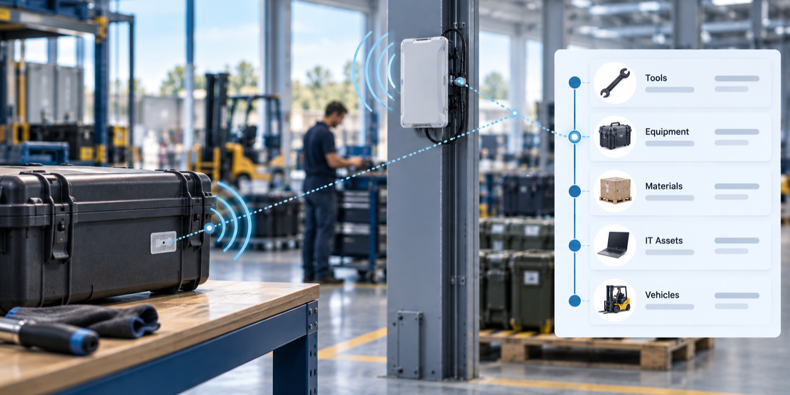 Fixed readers positioned where assets cross known boundaries, which is what makes location automatic rather than audited.