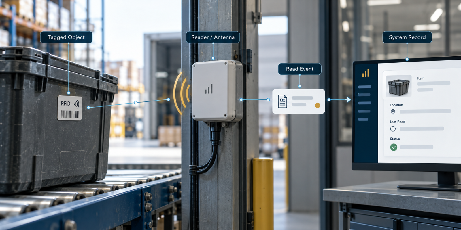 RFID is a physical-to-digital chain: the tagged object is observed by a reader, interpreted by software and turned into a business record.