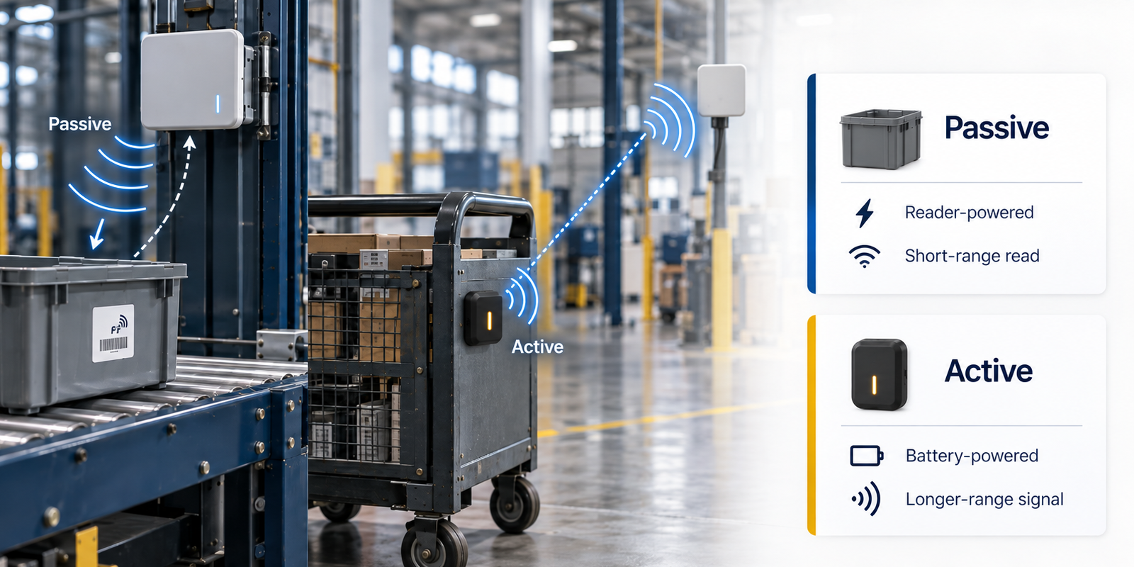 Passive RFID shifts more work into the reader infrastructure; active RFID puts a powered transmitter on the tag and changes the location and maintenance model.