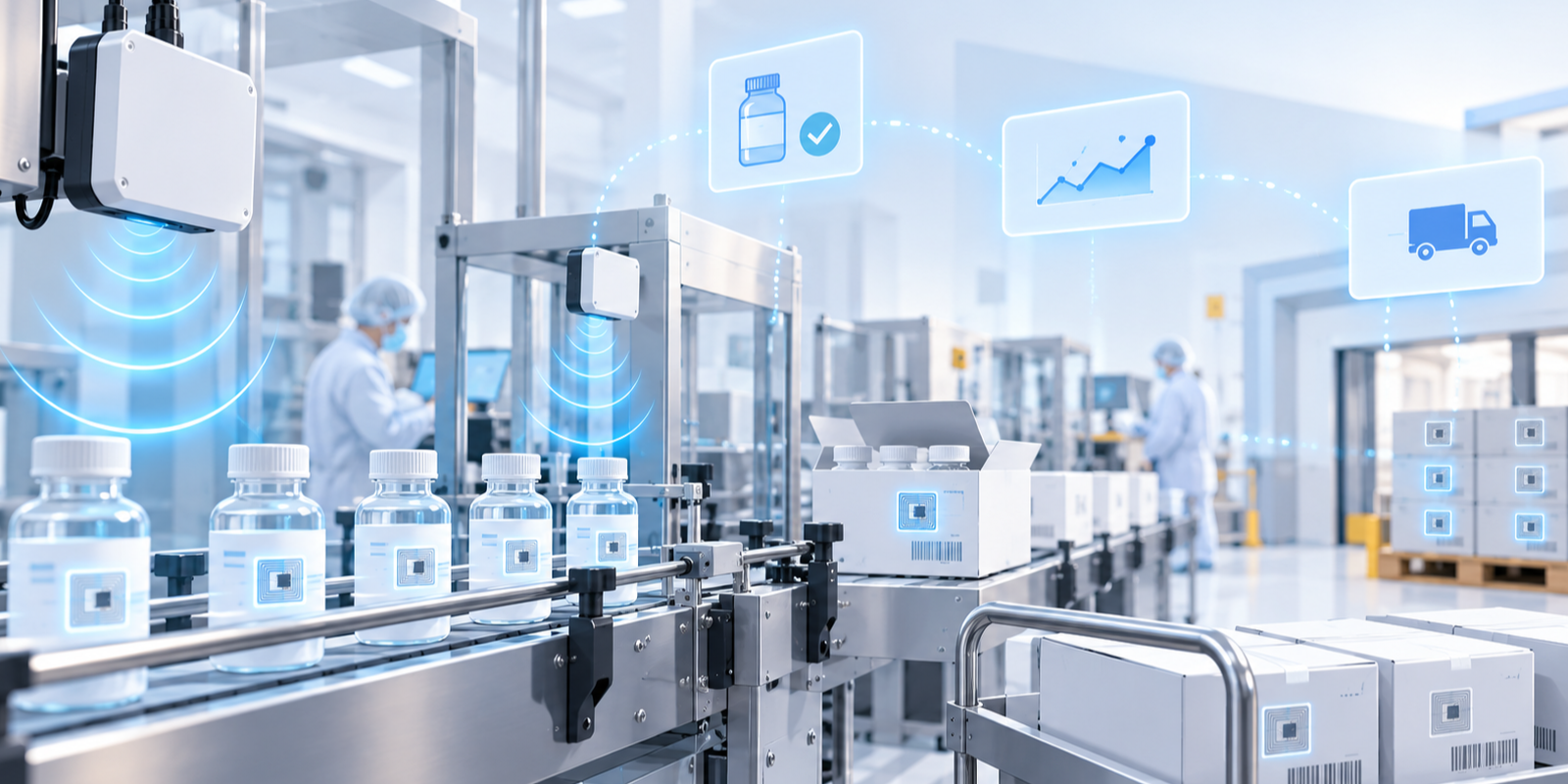 In pharma, RFID contributes identity and physical-event evidence; validated business systems still own compliance and quality decisions.