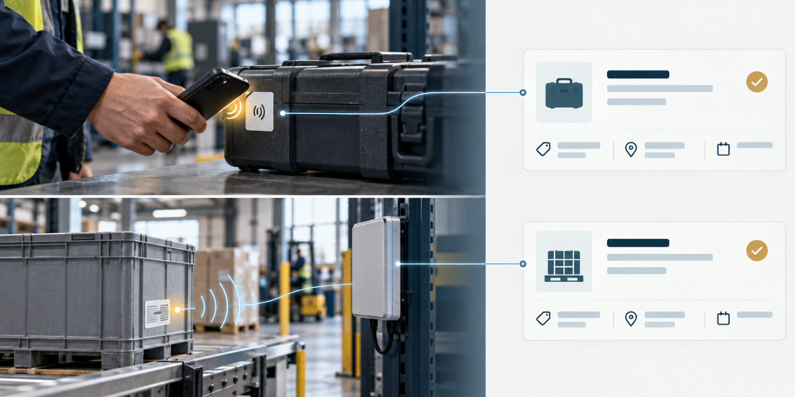 NFC is optimized for an intentional tap; industrial UHF RFID is optimized for automatic identification as things move.
