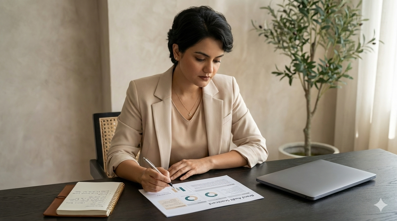 Martina Boshra reviewing a brand strategy report at her desk