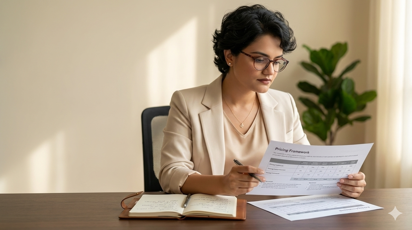 A consultant reviewing a strategy document at her desk