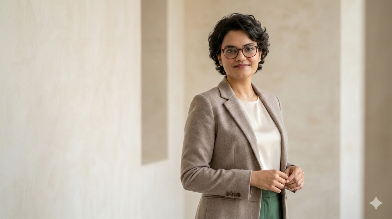 A professional in a tailored blazer standing in a calm, light office