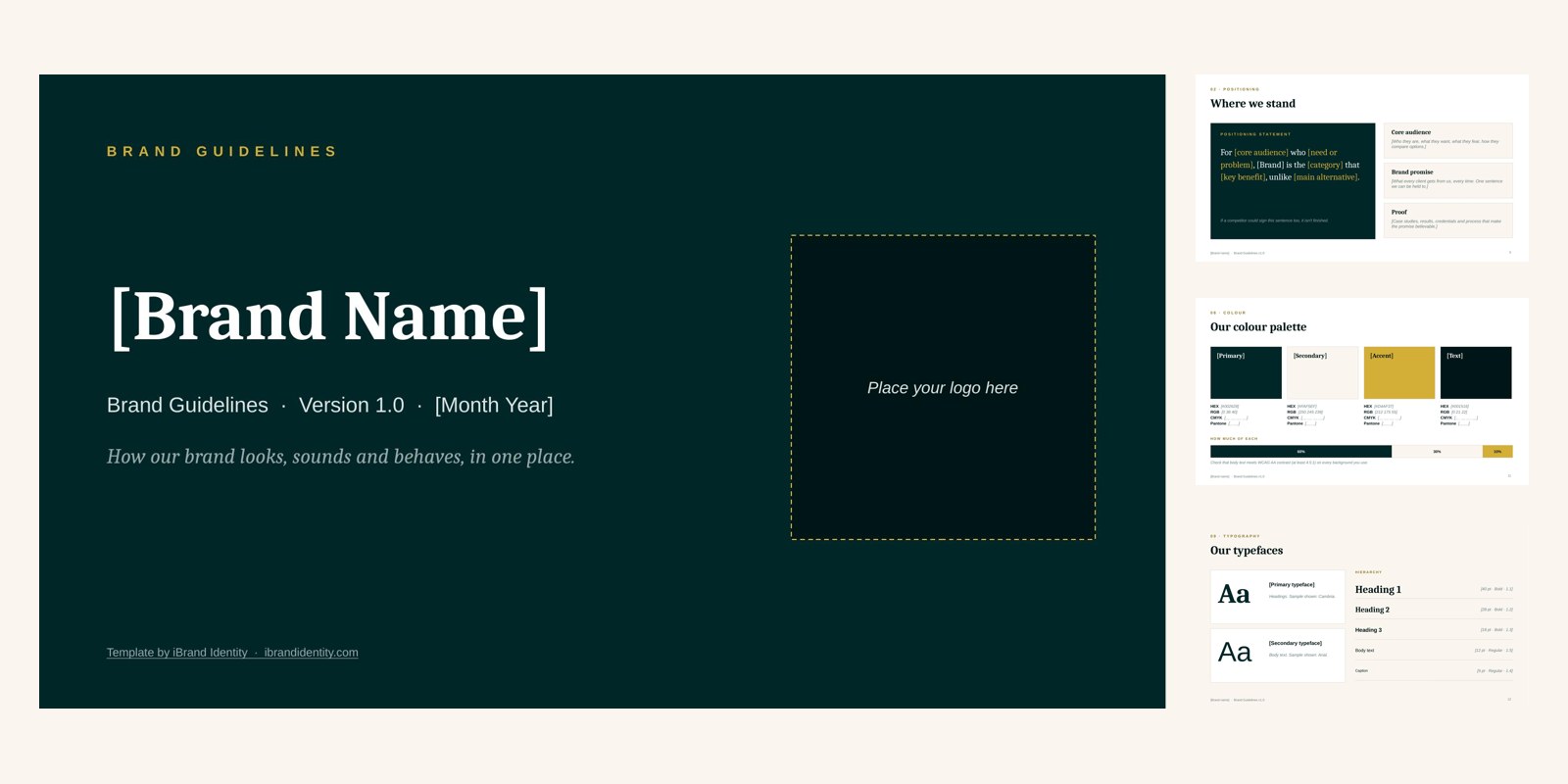 Brand guidelines template by iBrand Identity: cover, positioning, colour palette and typography slides