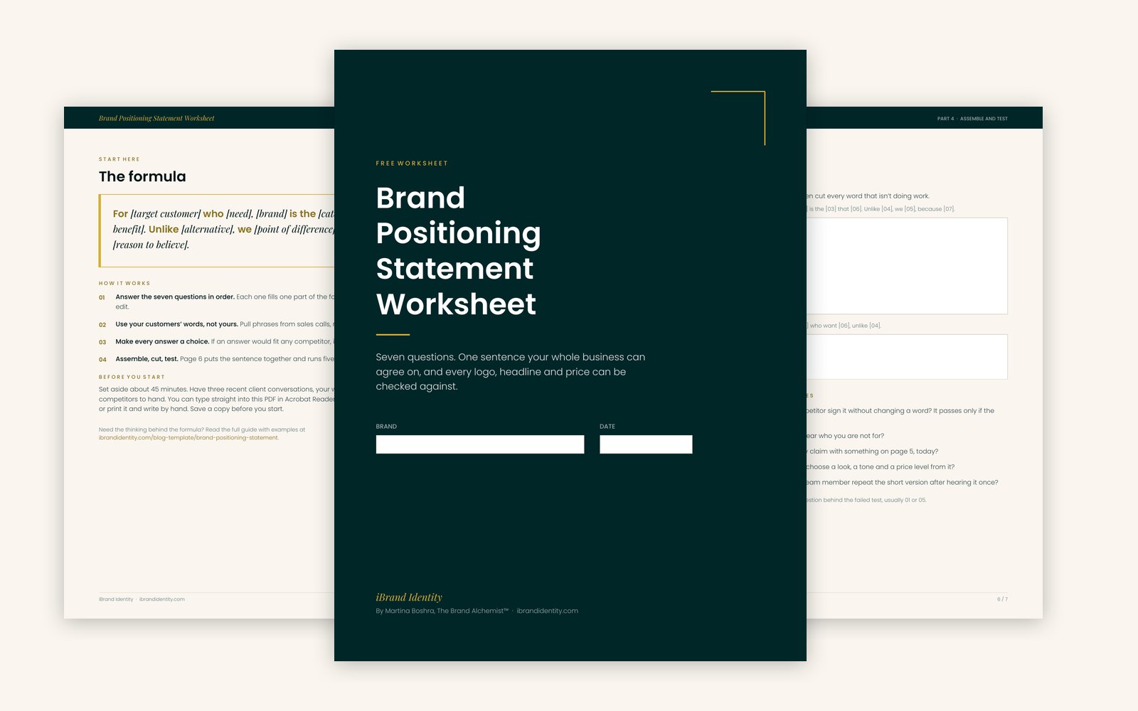 Brand positioning statement worksheet by iBrand Identity: cover, formula page and the assemble-and-test page