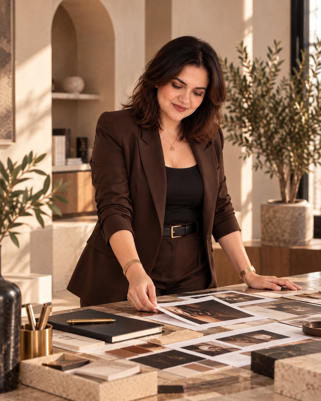 Martina Boshra reviewing brand identity prints laid out on a table