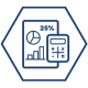 A blue hexagon line drawing with a drawn calculator and a page with graphs on it representing Actionable Insights