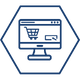 A blue hexagon line drawing with a computer screen and online shopping