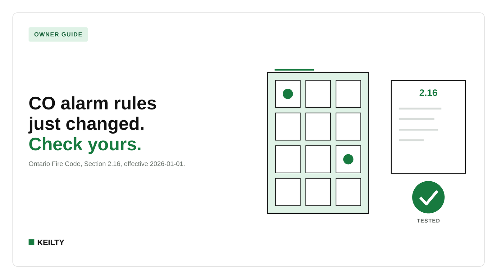 OWNER GUIDE card graphic reading 'CO alarm rules just changed. Check yours.' with a building floor diagram marking alarm locations, an Ontario Fire Code Section 2.16 reference card, and a TESTED checkmark badge