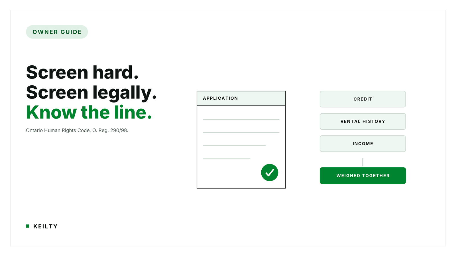 OWNER GUIDE card graphic reading 'Screen hard. Screen legally. Know the line.' cited to the Ontario Human Rights Code, O. Reg. 290/98, beside an application document card with a green check and chips for credit, rental history and income weighed together