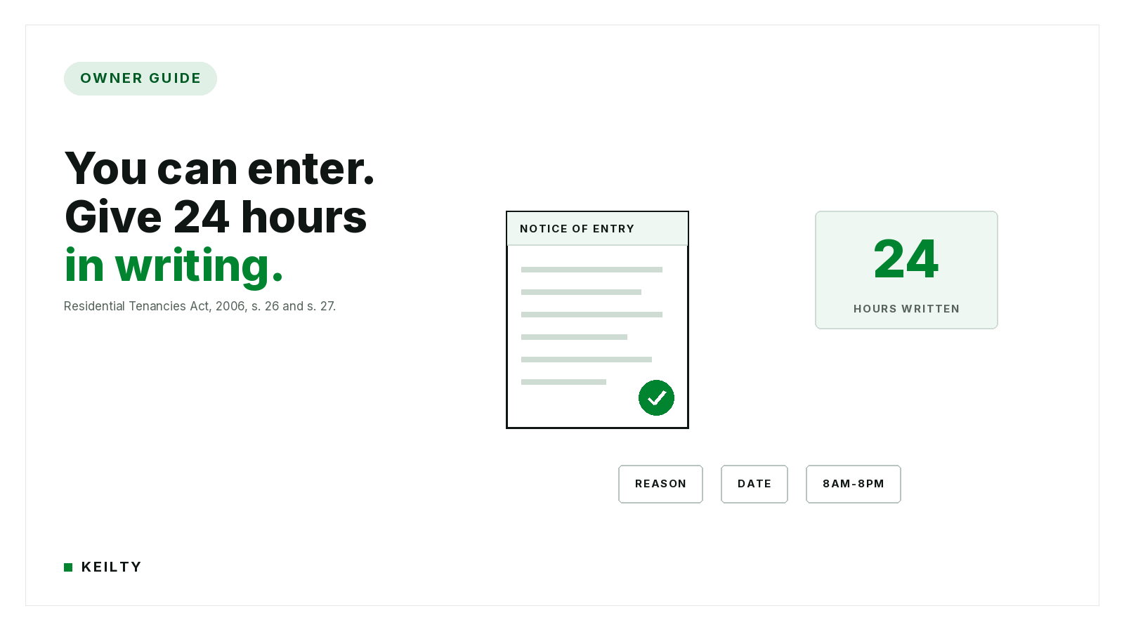 KEILTY Owner Guide hero reading You can enter. Give 24 hours in writing., citing the Residential Tenancies Act, 2006, s. 26 and s. 27, beside a Notice of Entry card with a green check, a 24 HOURS WRITTEN block, and REASON, DATE, 8AM-8PM chips