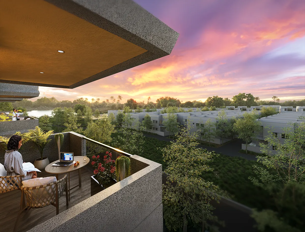Sunset balcony view at JRC Wildwoods – west-facing apartments bathed in golden-hour light, Sarjapur Road Bangalore