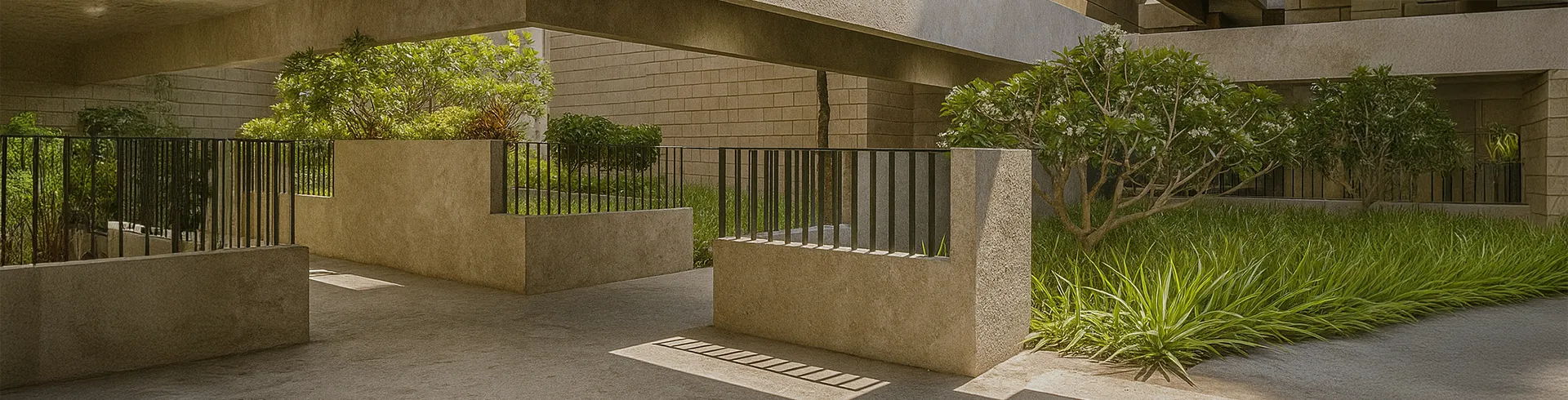 JRC Wildwoods corridor design – naturally ventilated, 30% open passage connecting 3 BHK apartment clusters, Sarjapur Road