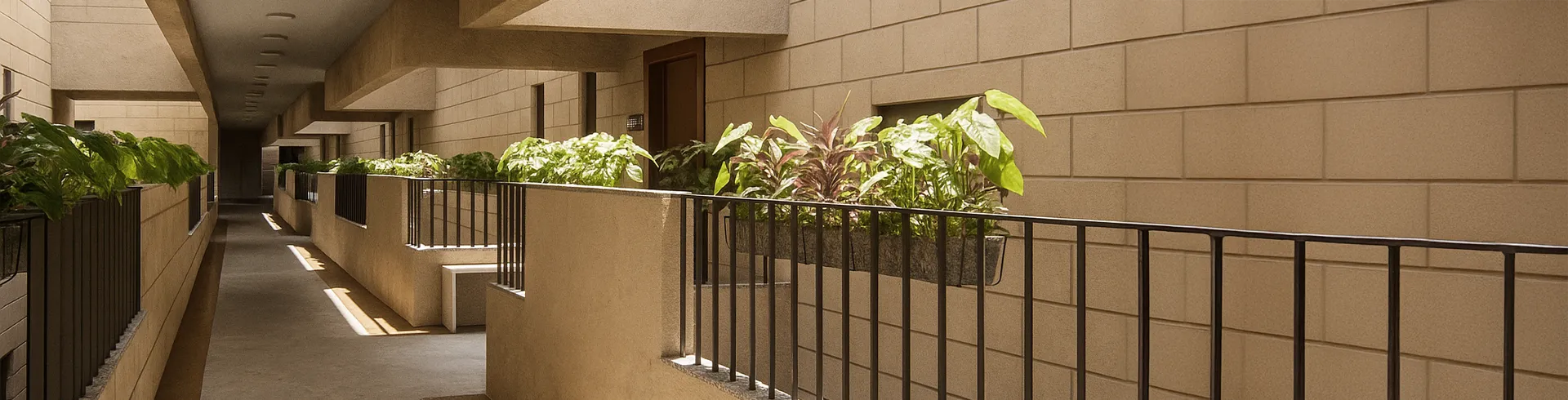 JRC Wildwoods corridor design – naturally ventilated, 30% open passage connecting 3 BHK apartment clusters, Sarjapur Road