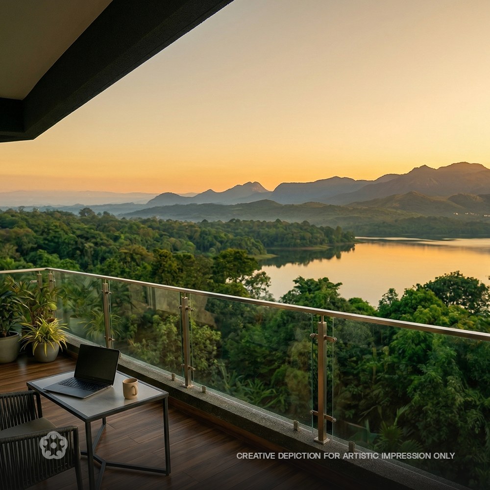 Balcony of a ready-to-move 3 BHK lakeview apartment at JRC Wildwoods, Sarjapur Road, at sunrise — a laptop and coffee on a table beside the glass rail, with mature tree canopy, the lake and the distant hill line filling the view