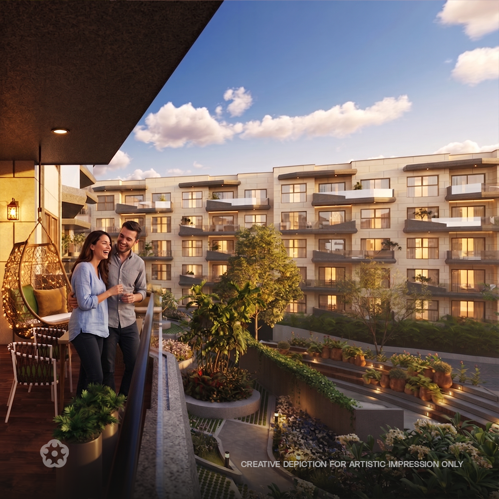 Tiered landscaped courtyard and green terraces within a 200-family low-density luxury community on Sarjapura Road, Bangalore