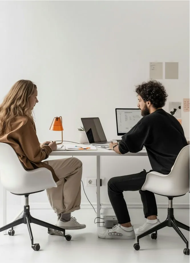 Two people sitting face to face having a discussion in a workspace.