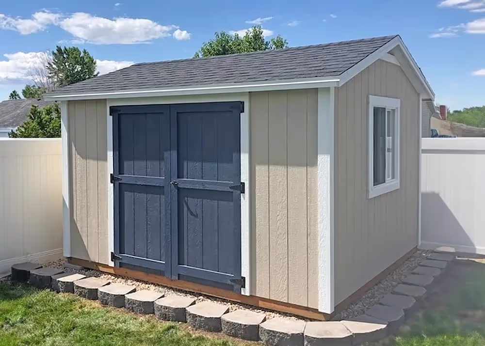 A 10 foot by 12 foot standard apex storage shed with a 6 food wide double door on the side wall