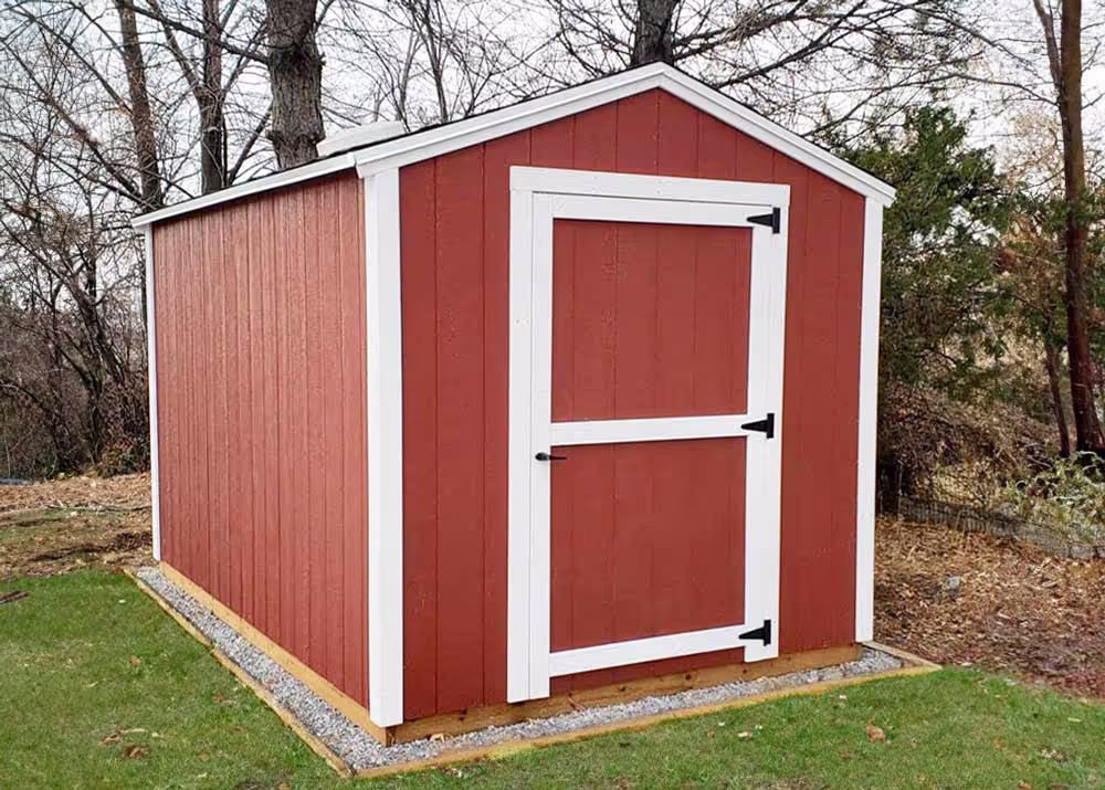 an 8 foot by 12 foot standard apex storage shed in red and white