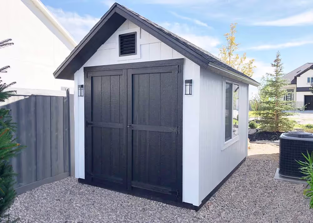 An 8 foot by 12 foot standard apex shed with an 8-12 roof pitch and 12 inch overhang