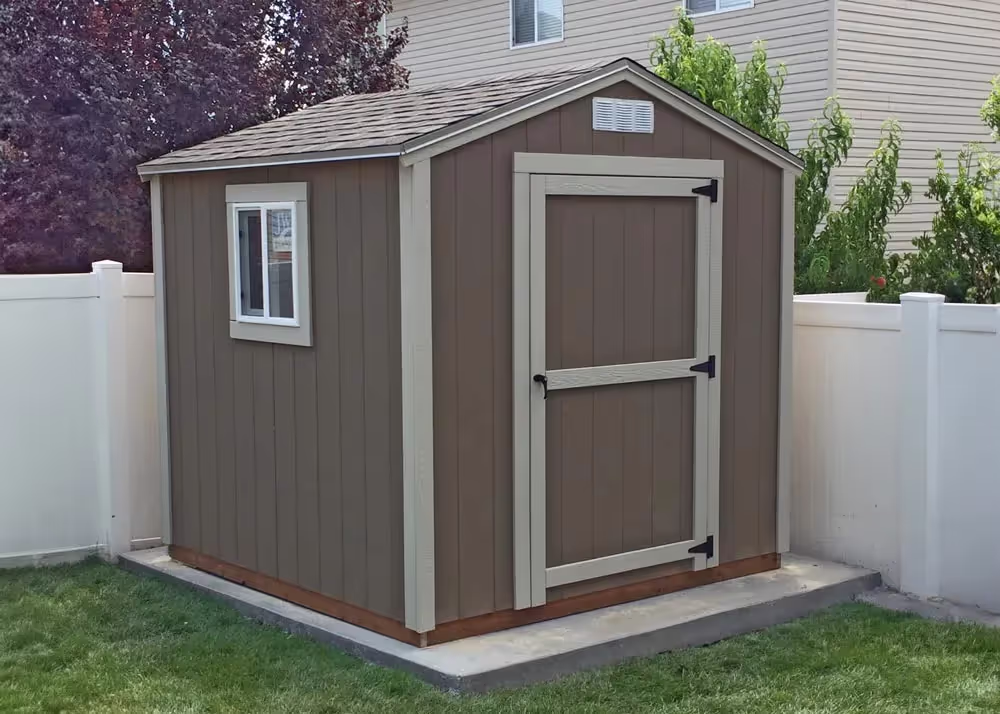 An 8 foot by 10 foot standard apex storage shed with a window