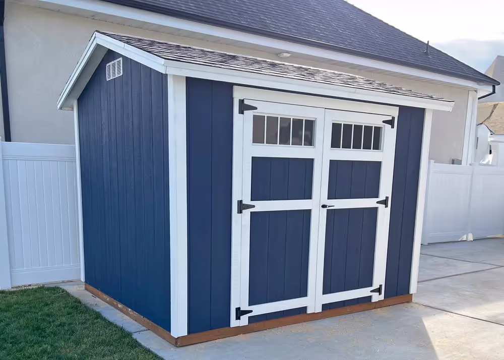 An 8 foot by 10 foot standard apex storage shed with a 6 foot double door with transom windows in it