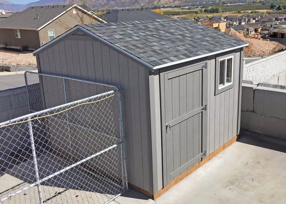 An 8 by 10 standard apex storage shed