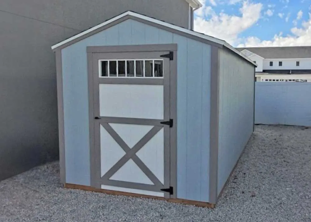 An 8 foot by 16 foot standard apex shed with a transom window in the door