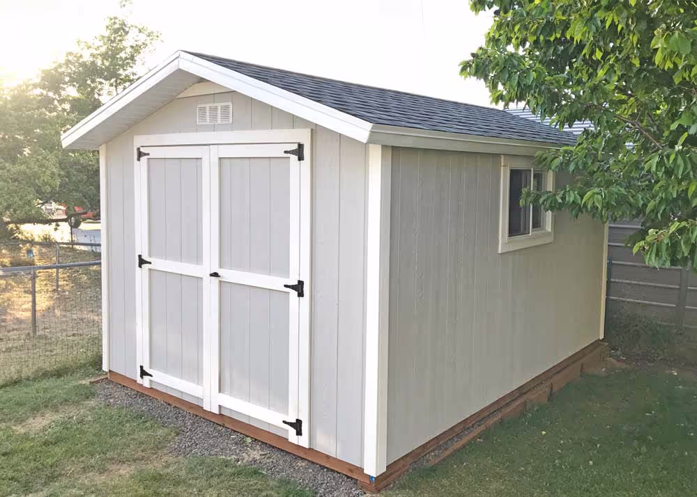 A 10 by 16 standard apex shed with 12 inch overhang and aluminum soffit and fascia