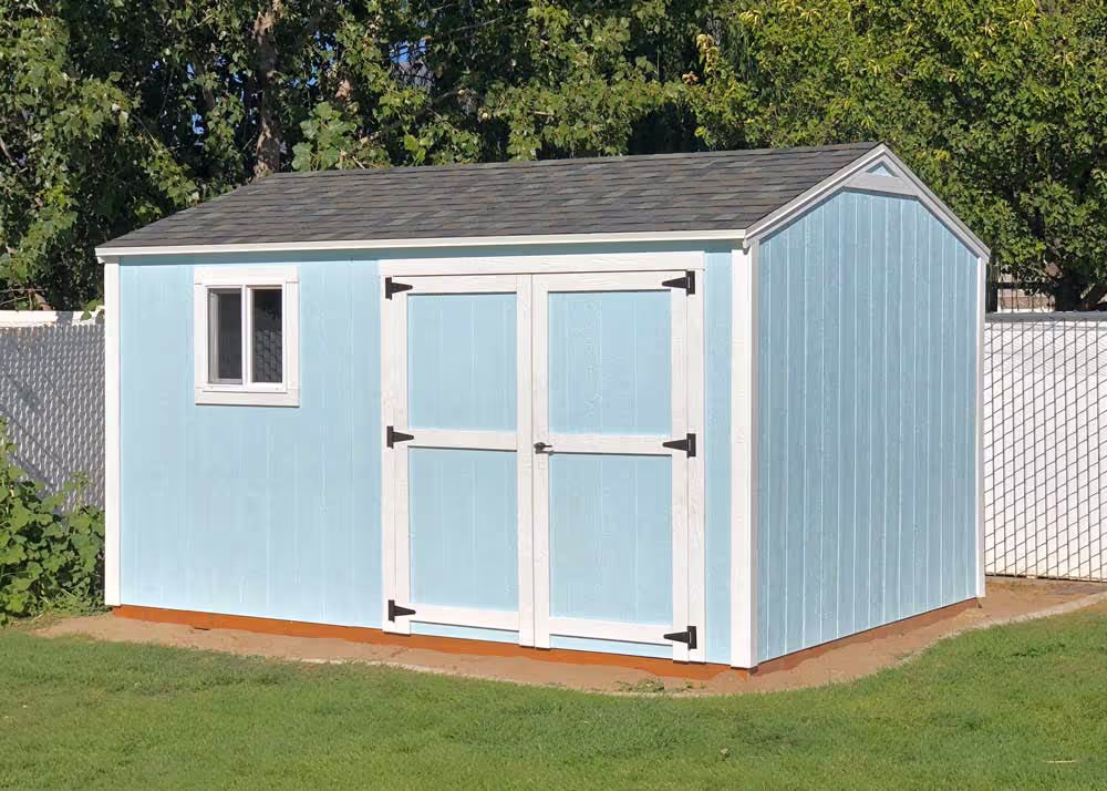 A 10 foot by 14 foot standard apex shed with the door and window on the side wall
