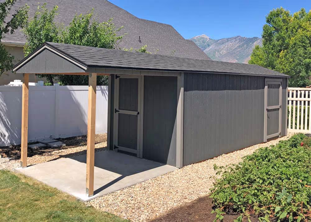An 8 foot by 16 foot standard apex shed with an 8 foot by 8 foot roof extension