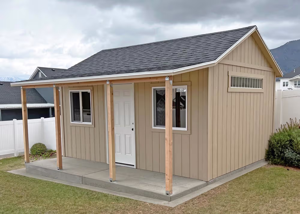 A 12 by 16 foot Tall Apex with a porch overhang and more