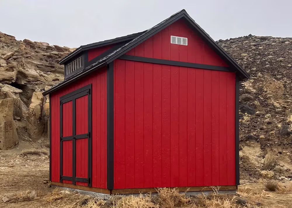 A Red and Black 10 foot by 12 foot Tall Apex Shed with a dormer
