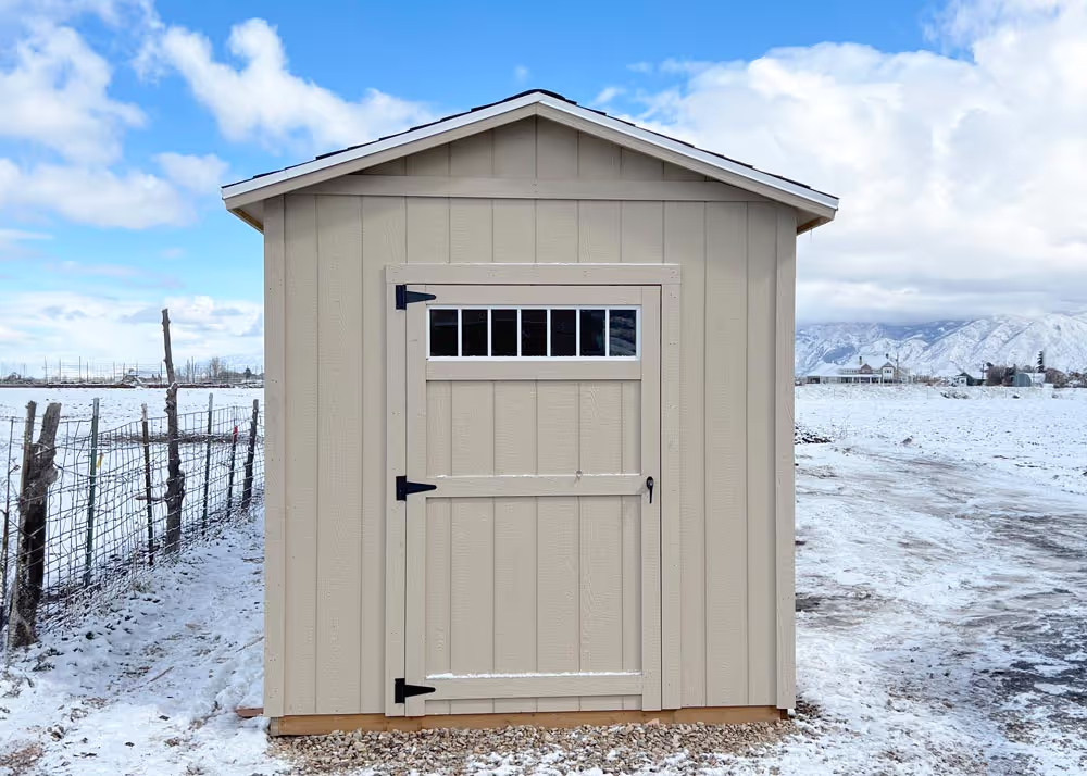 An 8x16 Tall apex shed with a transom window in the door