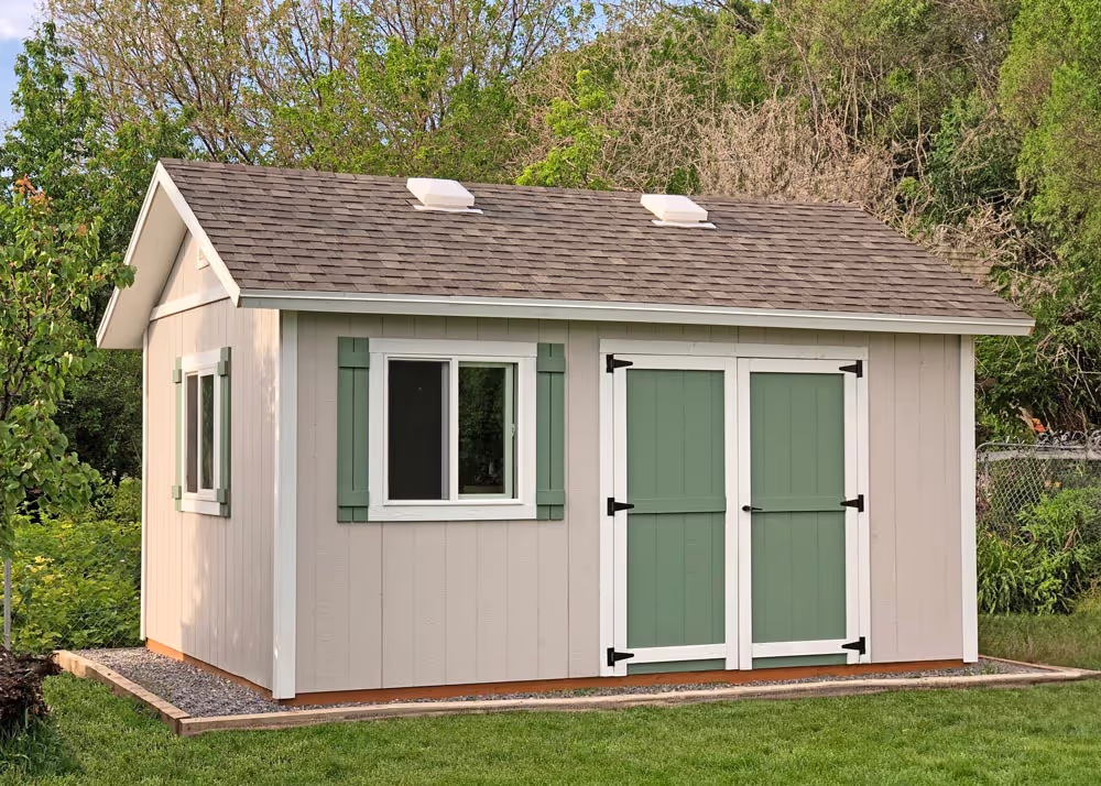 A 12' by 16' Tall apex with 6' double doors on the side wall and 12 inch roof overhang