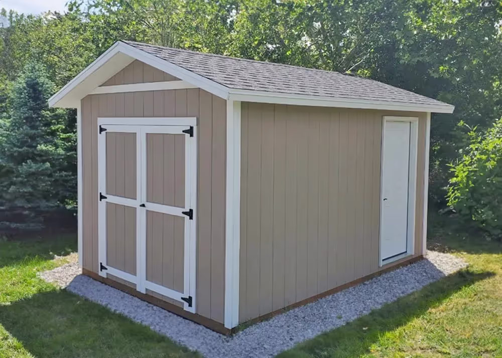 A 10' x 14' Tall Apex shed with an extra steel entry man door