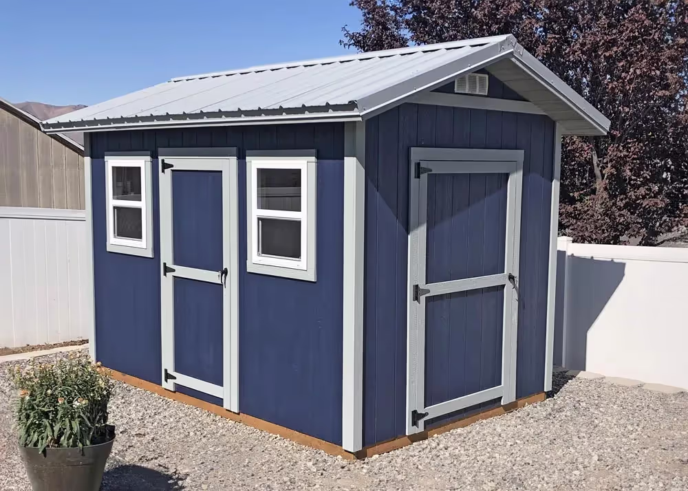 An 8' x 12' Tall apex shed with gray metal roof