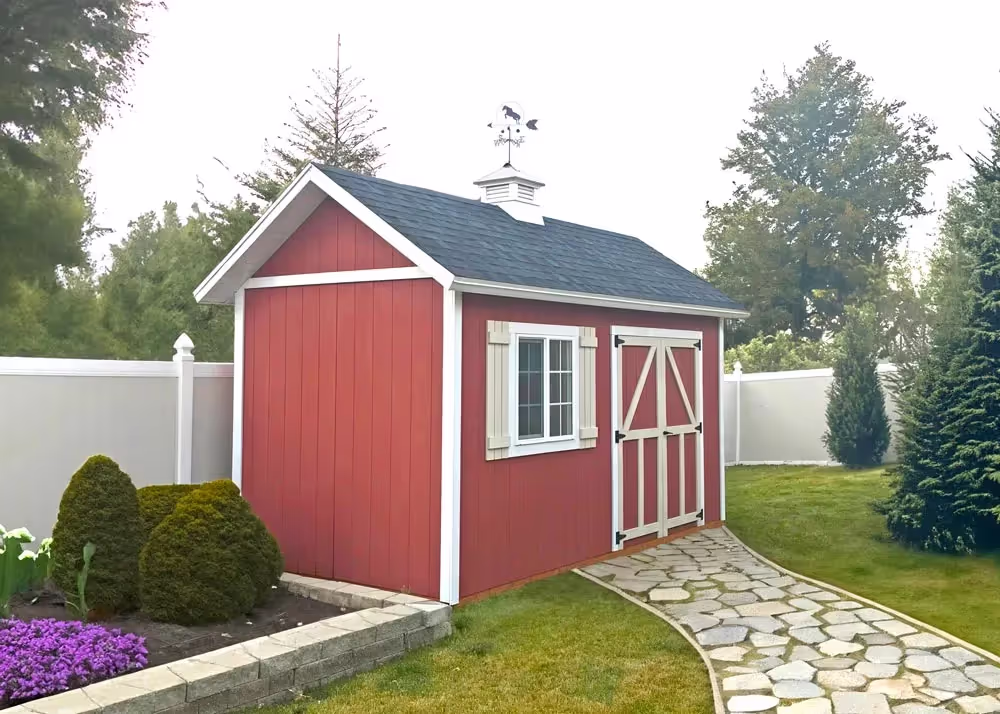 A beautiful 8' x 16' Tall apex storage shed with a custom roof pitch, cupola and more.
