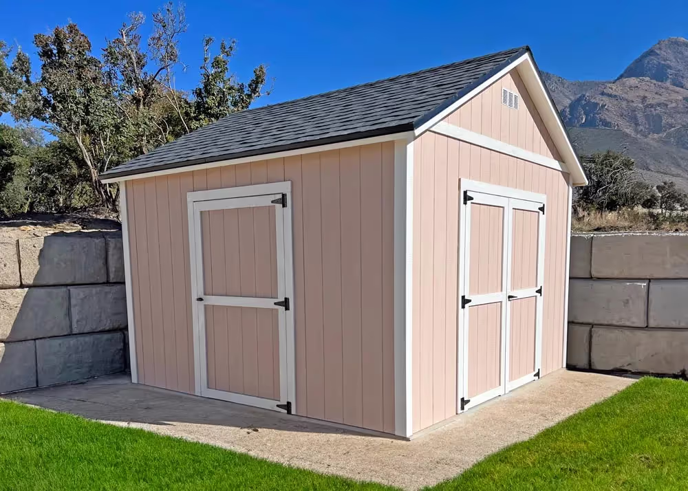 A 12' x 12' Tall Apex Shed with a 6-12 custom roof pitch and 6" roof overhang